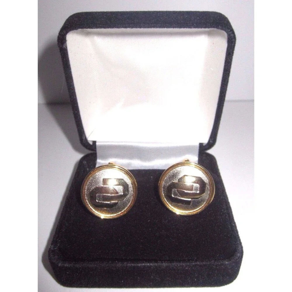 Vintage Round Emblem Cufflinks - Yellow & White Goldtone - With Box - Unsigned